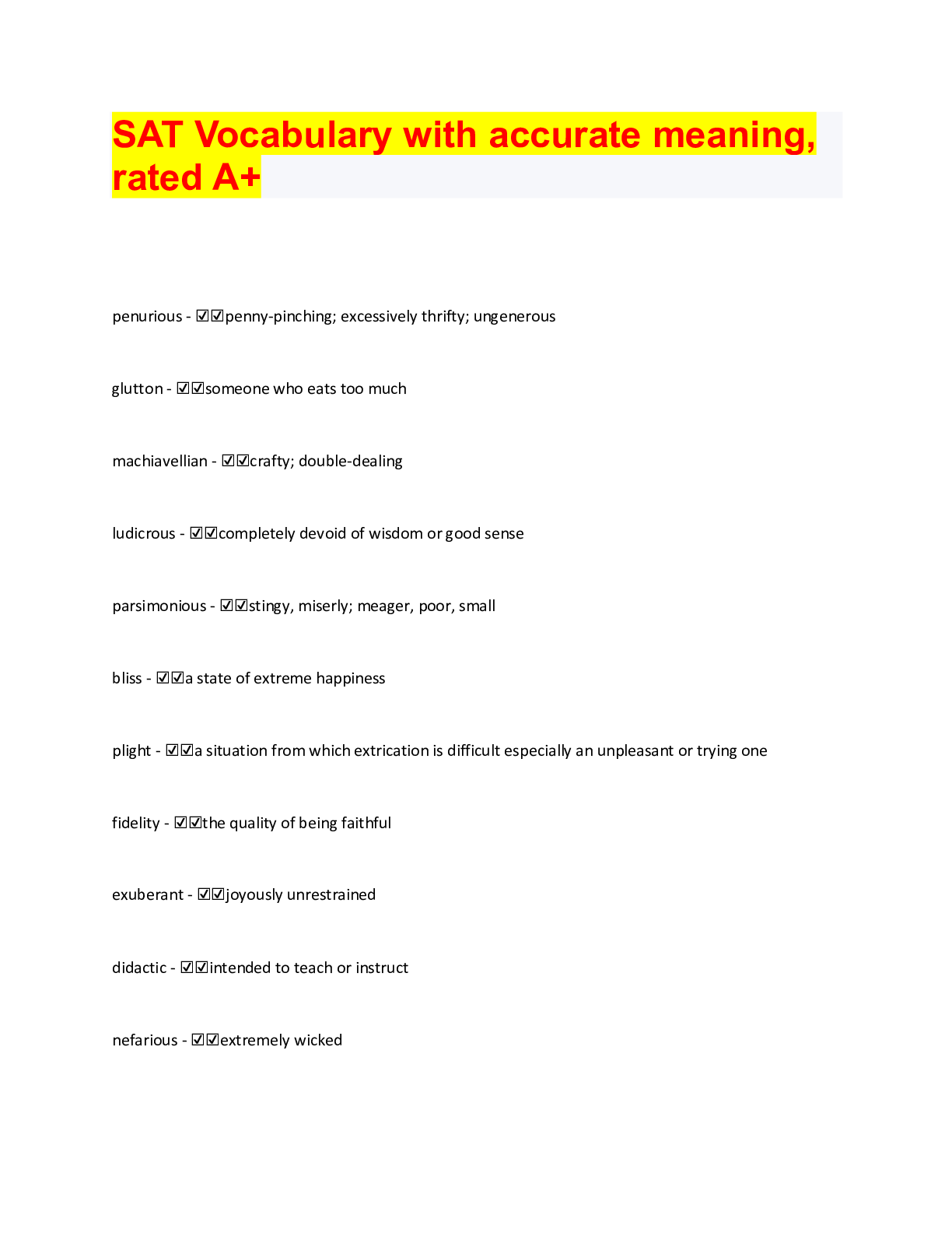 SAT Vocabulary with accurate meaning, rated A+ Browsegrades